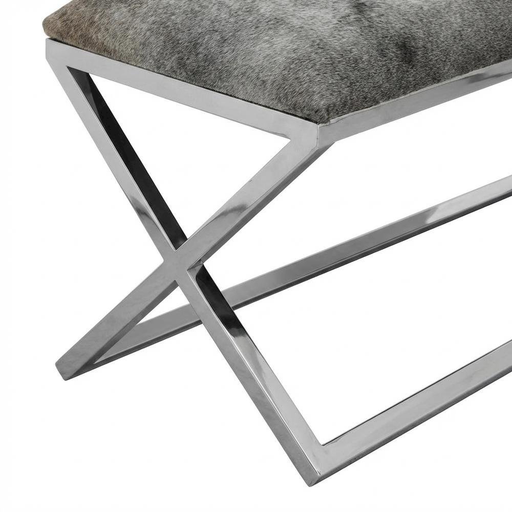 Cowhide Upholstered Bench, Contemporary Entryway Bench for Living Room, Gray. Picture 7