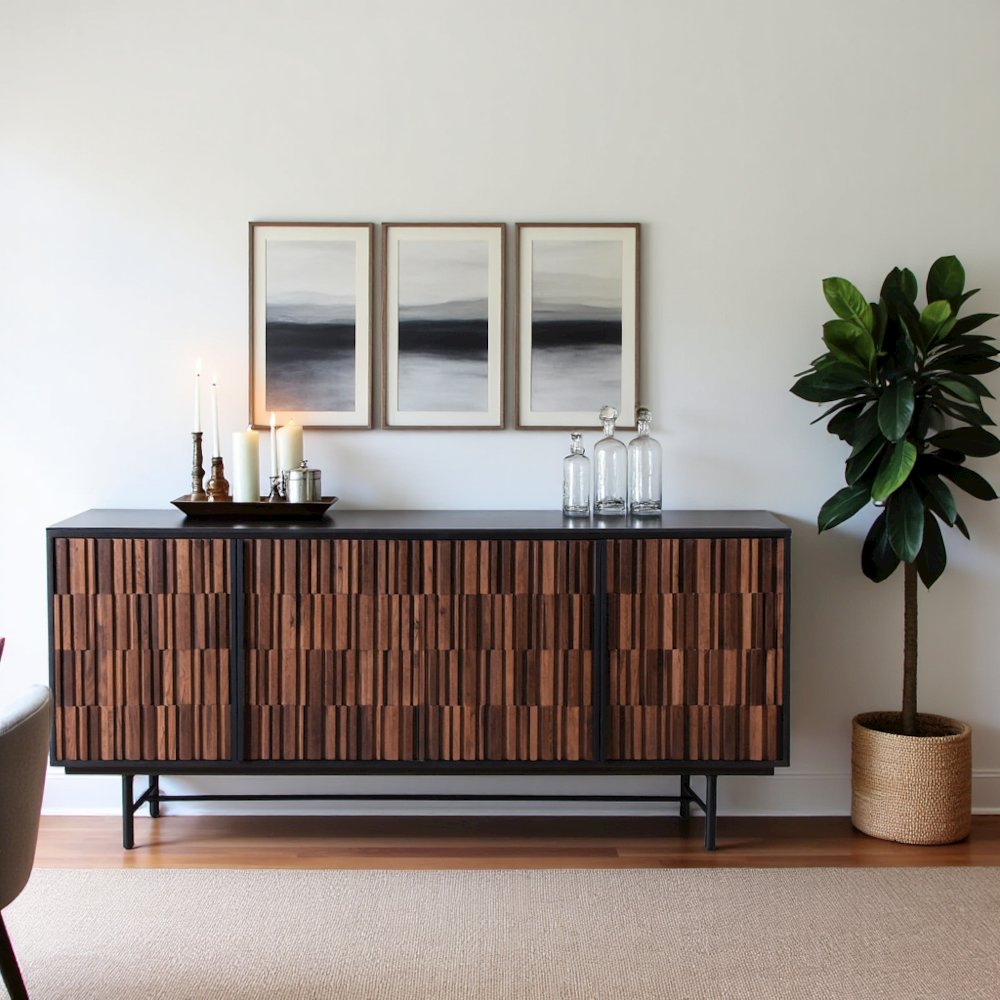 Black Sideboard Cabinet – Wooden Accent Credenza with Iron Base. Picture 2