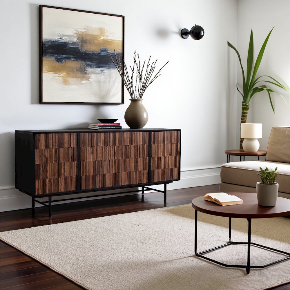 Black Sideboard Cabinet – Wooden Accent Credenza with Iron Base. Picture 3