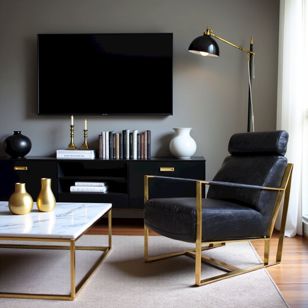 Mid Century Modern Rustic Armchair with Black Leather Seat and Gold Frame. Picture 2