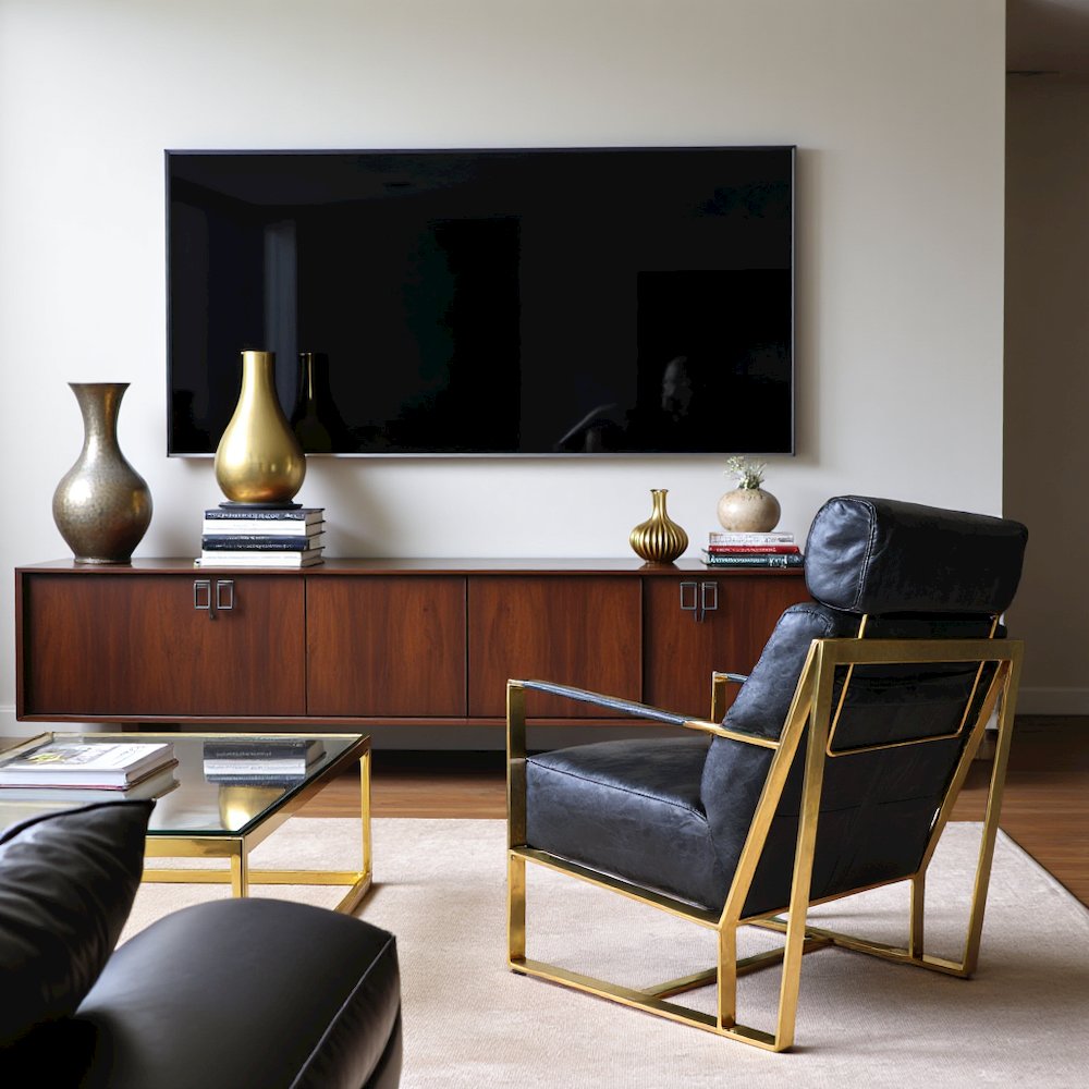Mid Century Modern Rustic Armchair with Black Leather Seat and Gold Frame. Picture 3