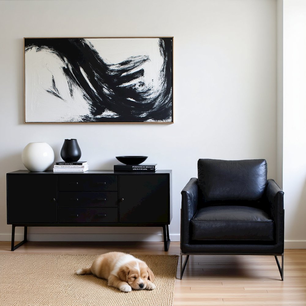 Modern Armchair with Black Leather Seat and Sturdy Metal Frame. Picture 3