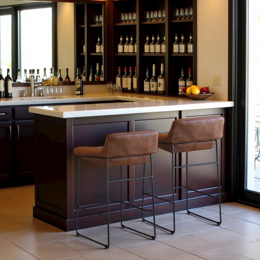 Brown Bar Stools Set of 2 Faux Leather Seating with Iron Frame Design. Picture 3