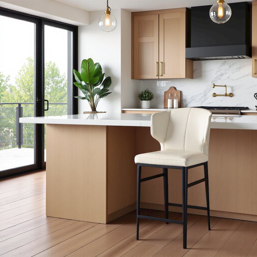 Mid Century Bar Stool Beige Upholstered Modern Counter Height Seating. Picture 3