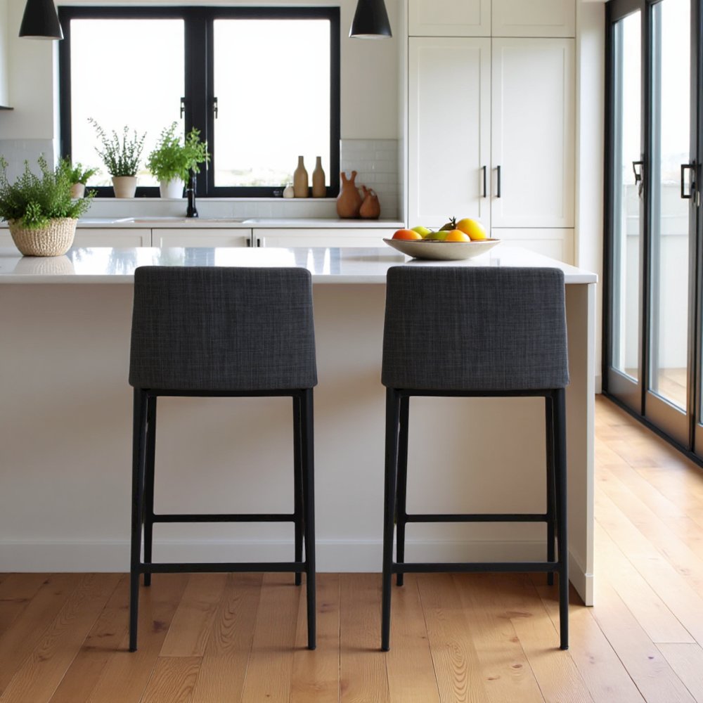 Modern Bar Stool Gray Upholstered Seating Comfy Bar Stool With Steel Frame. Picture 2
