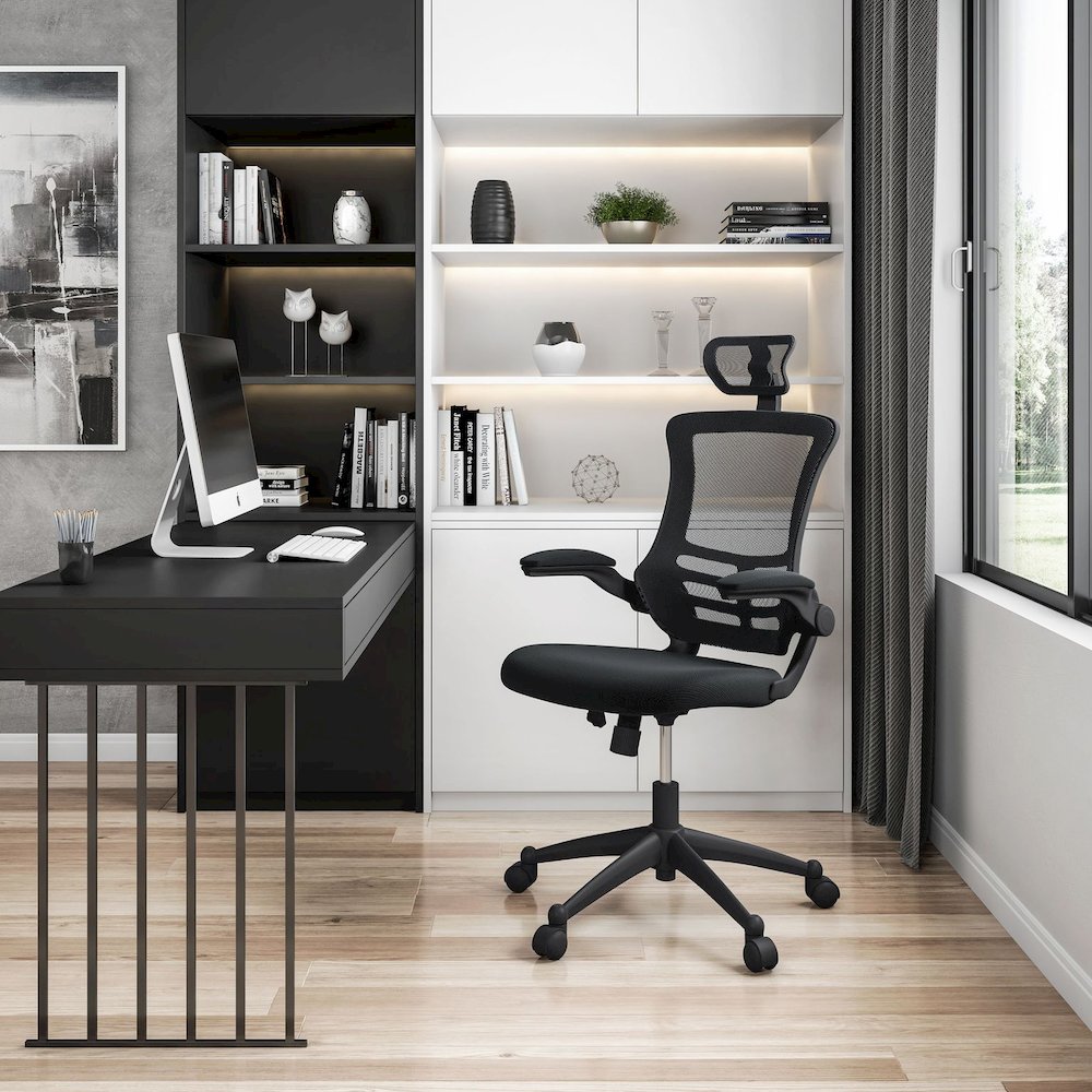 Modern High-Back Mesh Executive Office Chair With Headrest And Flip Up Arms. Color: Black. Picture 2