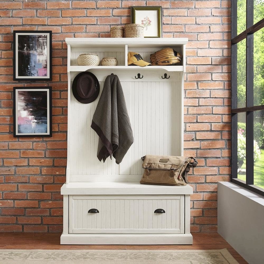 Distressed White Hall Tree with Anti-Tip Hardware and Sturdy Construction. Picture 3