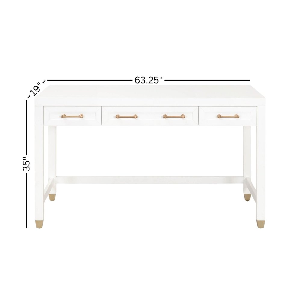 White Storage Desk with 3 Drawers, Brushed Brass Hardware, Metal Glides. Picture 5
