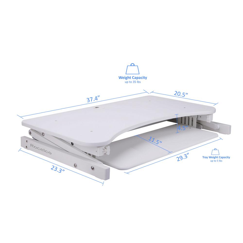 Rocelco 37.5" Deluxe Height Adjustable Standing Desk Converter - Quick Sit Stand Up Dual Monitor Riser - Gas Spring Assist Computer Workstation - Large Retractable Keyboard Tray - White (R DADRW). Picture 4