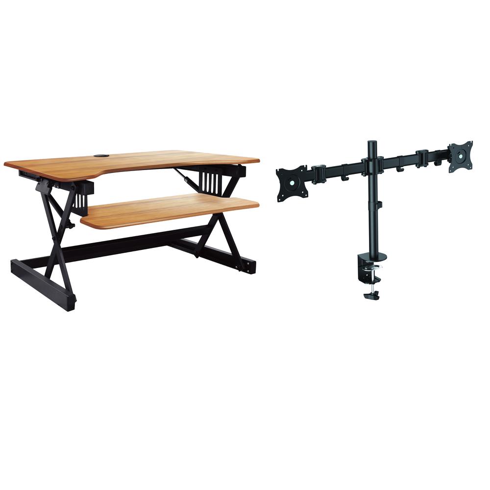 Rocelco 40" Large Height Adjustable Standing Desk Converter with Dual Monitor Mount - Teak Wood Grain. Picture 1