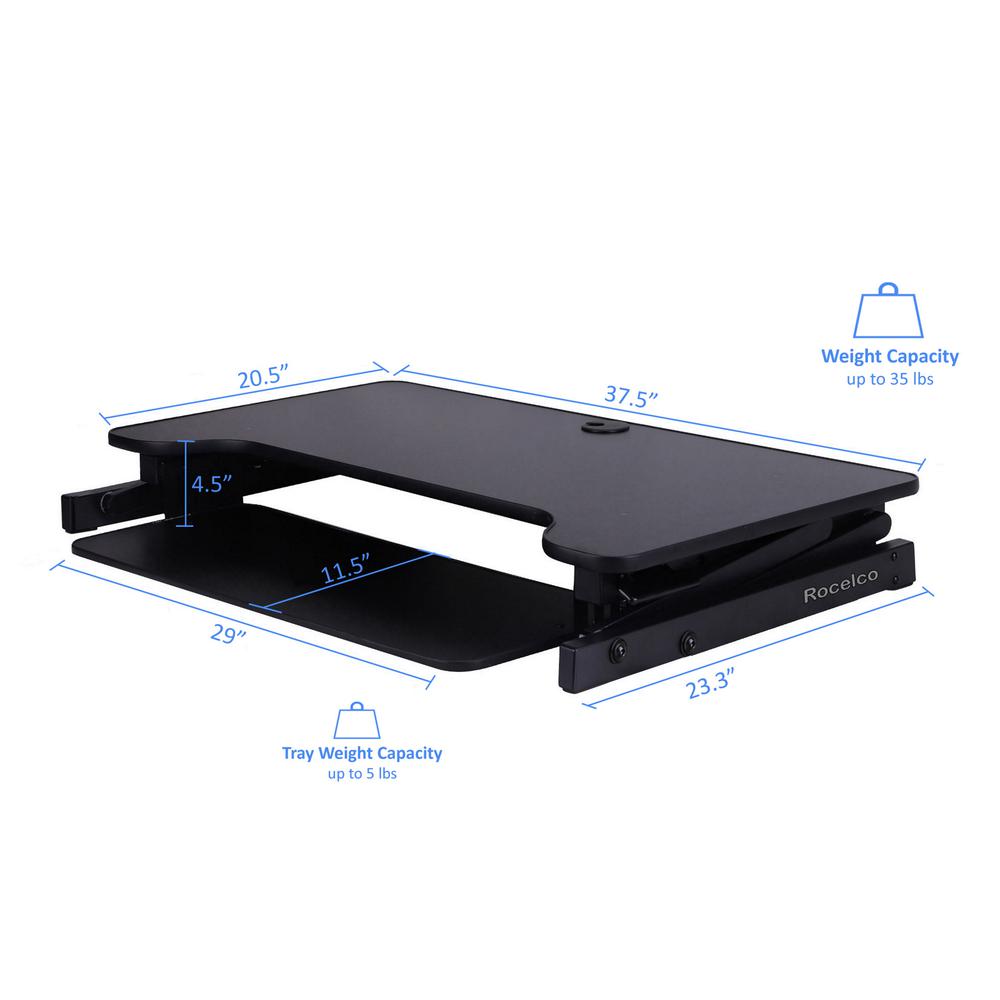 Rocelco 37.5" Deluxe Height Adjustable Standing Desk Converter with Dual Monitor Mount BUNDLE - Quick Sit Stand Up Computer Workstation Riser - Large Retractable Keyboard Tray - Black (R DADRB-DM2). Picture 5