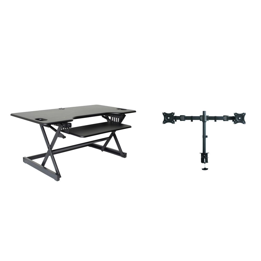 Rocelco 46" Large Height Adjustable Standing Desk Converter with Double Monitor Mount BUNDLE - Quick Sit Stand Up Computer Workstation Riser - Retractable Keyboard Tray - Black (R DADRB-46-DM2). Picture 1