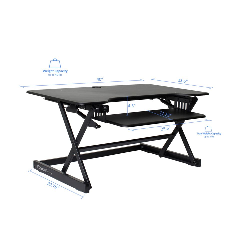 Rocelco 40" Large Height Adjustable Standing Desk Converter with Dual Monitor Mount BUNDLE - Quick Sit Stand Up Computer Workstation Riser - Retractable Keyboard Tray - Black (R DADRB-40-DM2). Picture 5