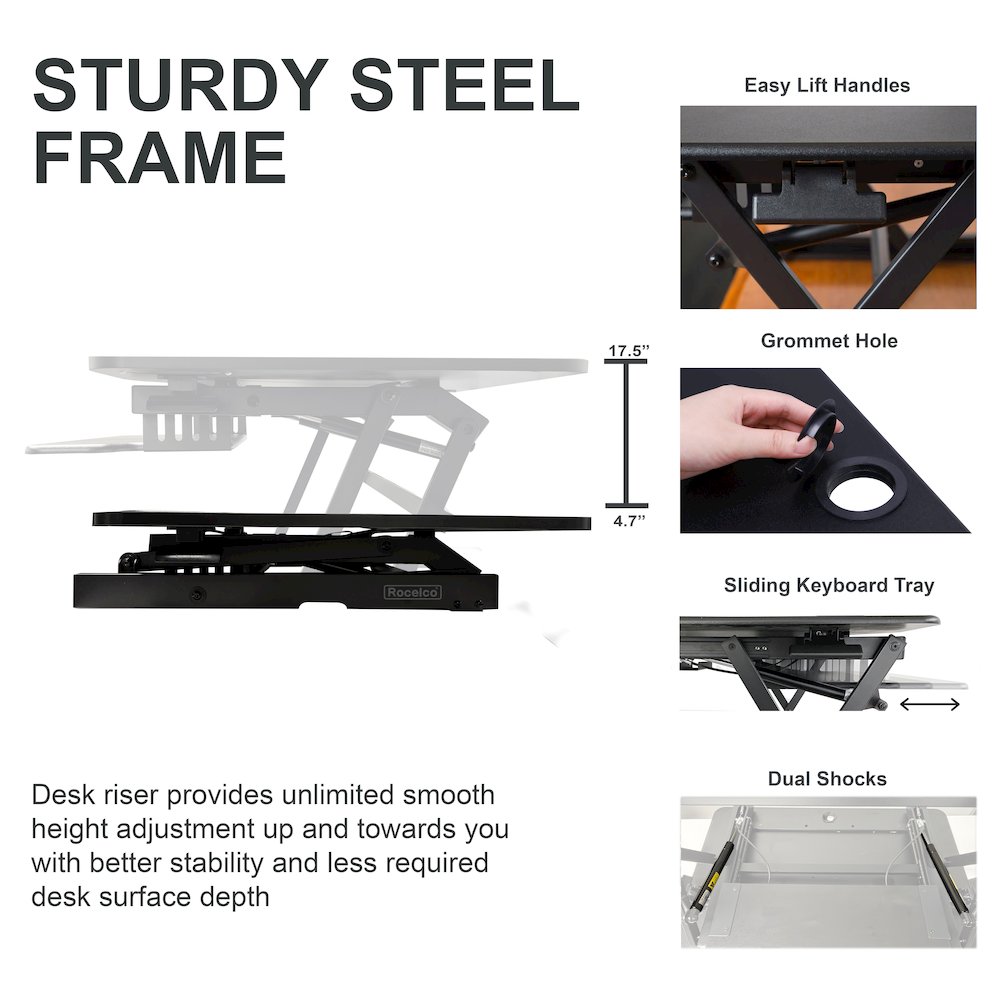 45" Height Adjustable Standing Desk Converter with Premium Dual Monitor Mount. Picture 3
