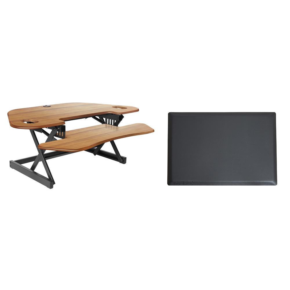Rocelco 46" Height Adjustable Corner Standing Desk Converter with Anti Fatigue Mat BUNDLE - Quick Sit Stand Up Dual Monitor Riser - Computer Workstation - Teak Wood Grain (R CADRT-46-MAFM). Picture 1