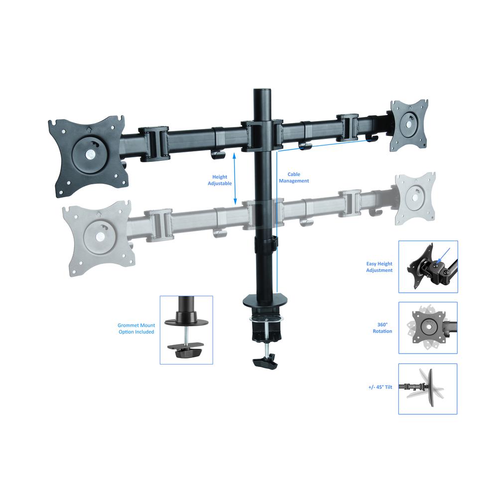 Rocelco Premium Desk Computer Monitor Mount - VESA pattern Fits 13" - 27" LED LCD Dual Flat Screen - Double Articulated Full Motion Adjustable Arm - Grommet and C Clamp - Black (R DM2). Picture 5
