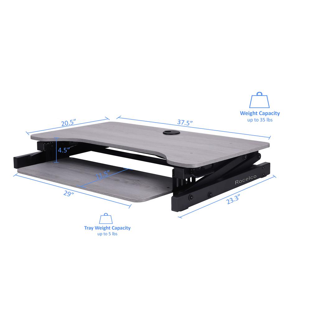 Rocelco 37.5" Deluxe Height Adjustable Standing Desk Converter with Dual Monitor Mount and Anti Fatigue Mat BUNDLE - Sit Stand Up Computer Workstation Riser - Keyboard Tray - Gray (R DADRG-DM2-MAF). Picture 5