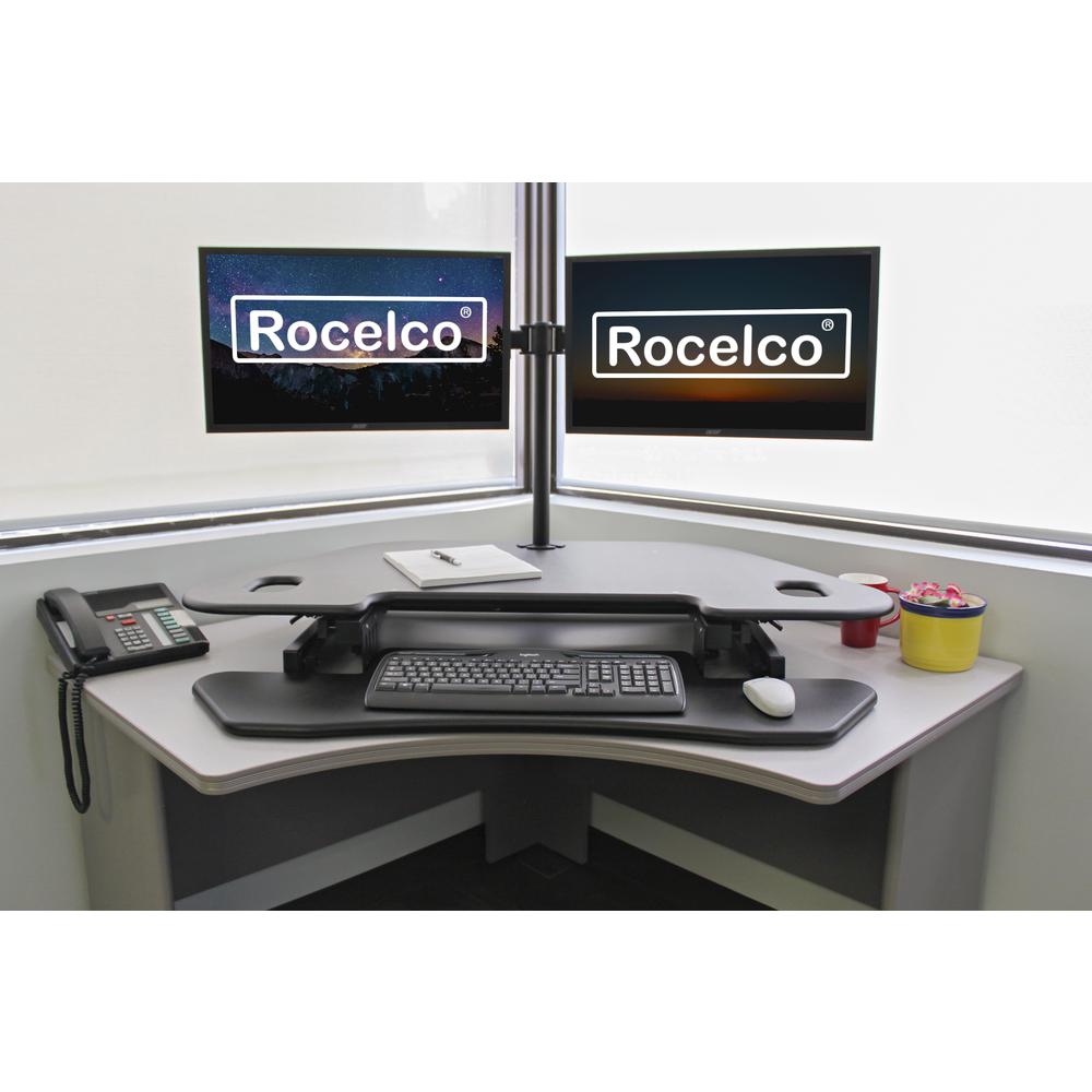 Rocelco 46" Height Adjustable Corner Standing Desk Converter with Dual Monitor Arm BUNDLE - Quick Sit Stand Up Computer Workstation Riser - Extra Large Keyboard Tray - Black (R CADRB-46-DM2). Picture 9