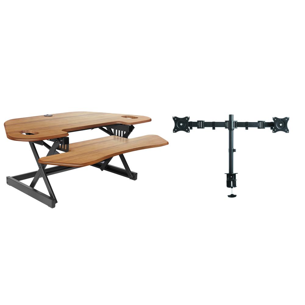 Rocelco 46" Height Adjustable Corner Standing Desk Converter with Dual Monitor Arm BUNDLE - Quick Sit Stand Up Computer Workstation Riser - Extra Large Keyboard Tray - Teak Wood Grain (R CADRG-46-DM2). Picture 1