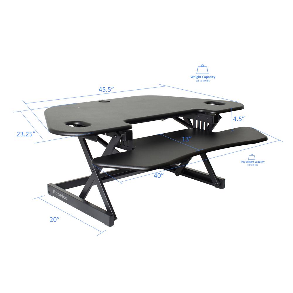 Rocelco 46" Height Adjustable Corner Standing Desk Converter with Dual Monitor Arm BUNDLE - Quick Sit Stand Up Computer Workstation Riser - Extra Large Keyboard Tray - Black (R CADRB-46-DM2). Picture 5