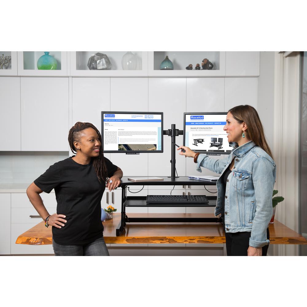 Rocelco 37.5" Deluxe Height Adjustable Standing Desk Converter with Dual Monitor Mount BUNDLE - Quick Sit Stand Up Computer Workstation Riser - Large Retractable Keyboard Tray - Black (R DADRB-DM2). Picture 3