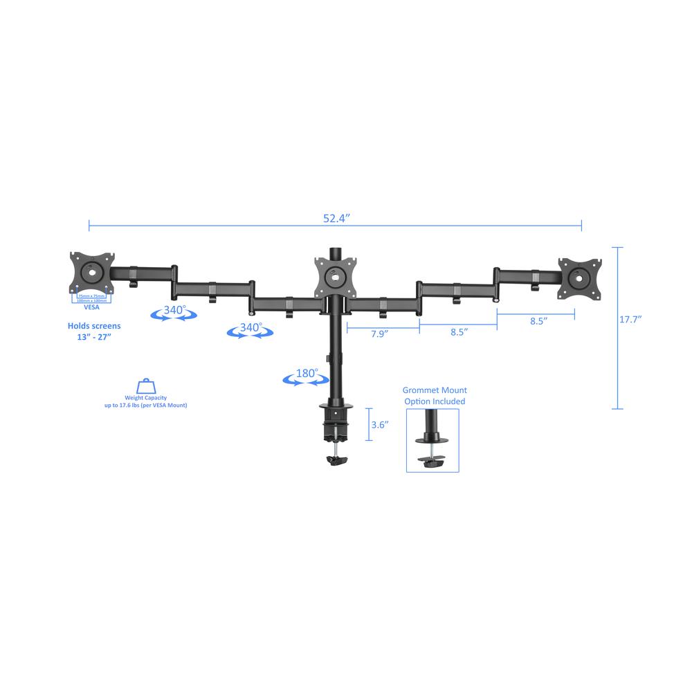 Rocelco Premium Triple Monitor Desk Mount - VESA pattern Fits 13" - 27" LED LCD Flat Computer Screen - Three Articulated Full Motion Adjustable Arms - Grommet and C Clamp - Black (R DM3). Picture 4