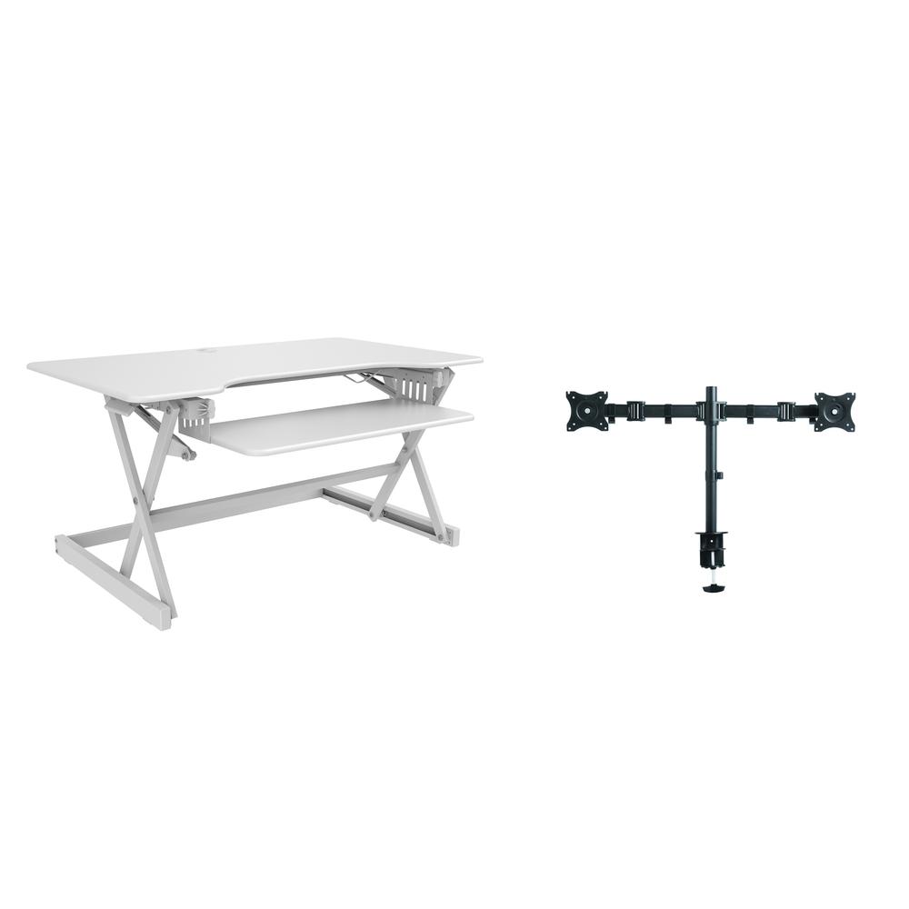 Rocelco 40" Large Height Adjustable Standing Desk Converter with Dual Monitor Mount BUNDLE - Quick Sit Stand Up Computer Workstation Riser - Retractable Keyboard Tray - White (R DADRW-40-DM2). Picture 1