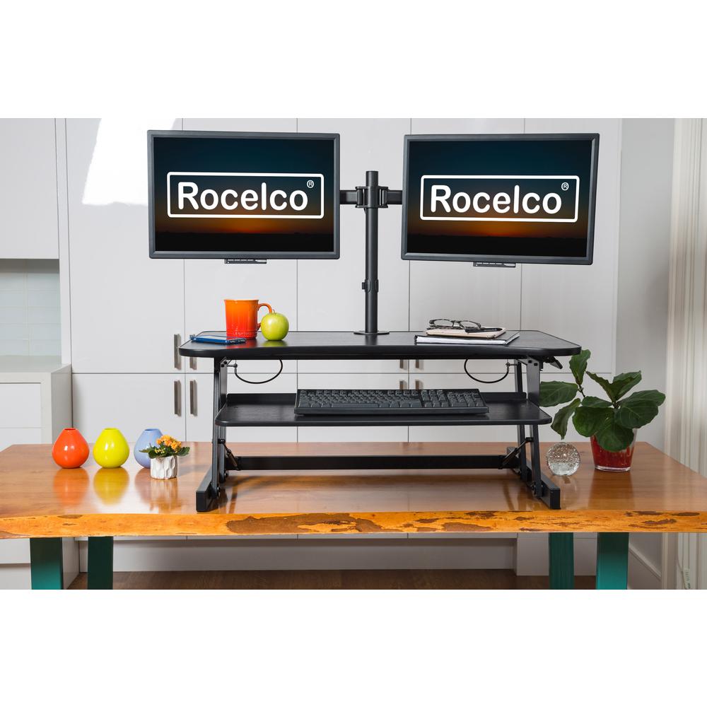 Rocelco 37.5" Deluxe Height Adjustable Standing Desk Converter with Dual Monitor Mount BUNDLE - Quick Sit Stand Up Computer Workstation Riser - Large Retractable Keyboard Tray - Black (R DADRB-DM2). Picture 8
