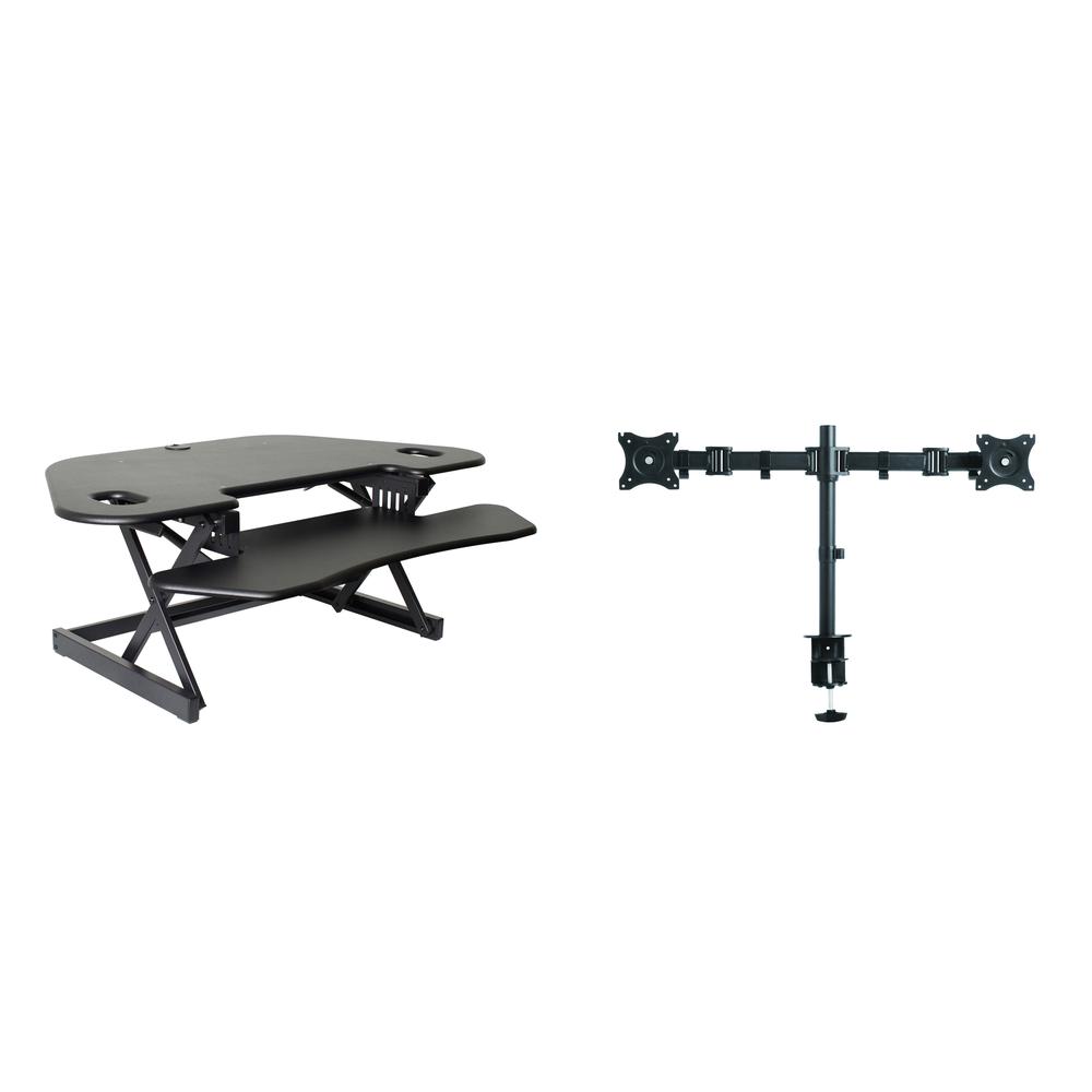 Rocelco 46" Height Adjustable Corner Standing Desk Converter with Dual Monitor Arm BUNDLE - Quick Sit Stand Up Computer Workstation Riser - Extra Large Keyboard Tray - Black (R CADRB-46-DM2). Picture 1