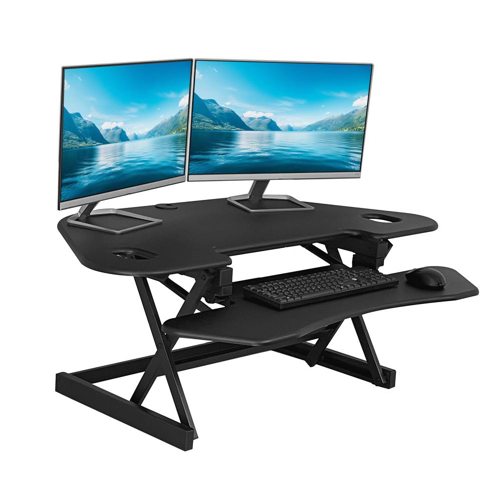 Rocelco 46" Height Adjustable Corner Standing Desk Converter with AC Outlet. Picture 1