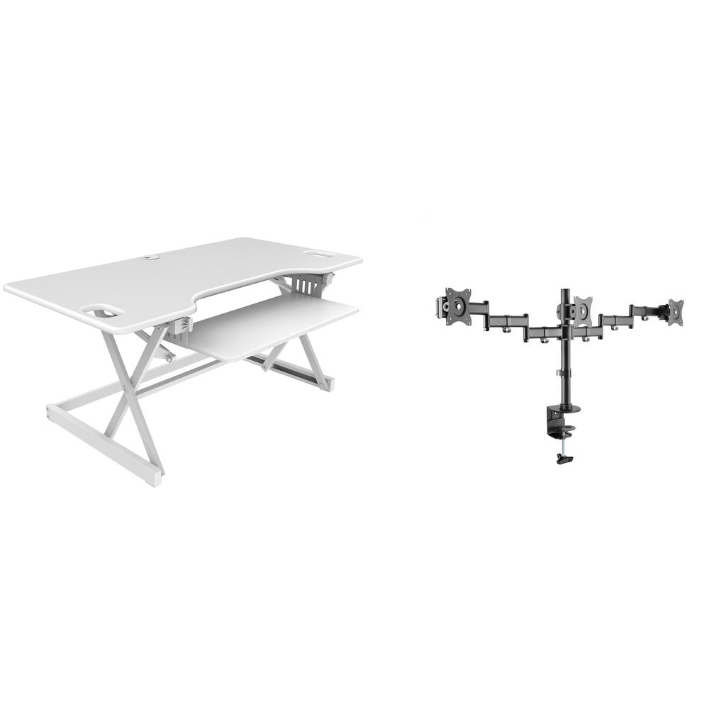 Rocelco 46" Large Height Adjustable Standing Desk Converter with Triple Monitor Mount BUNDLE - Quick Sit Stand Up Computer Workstation Riser - Retractable Keyboard Tray - White (R DADRW-46-DM3). Picture 1