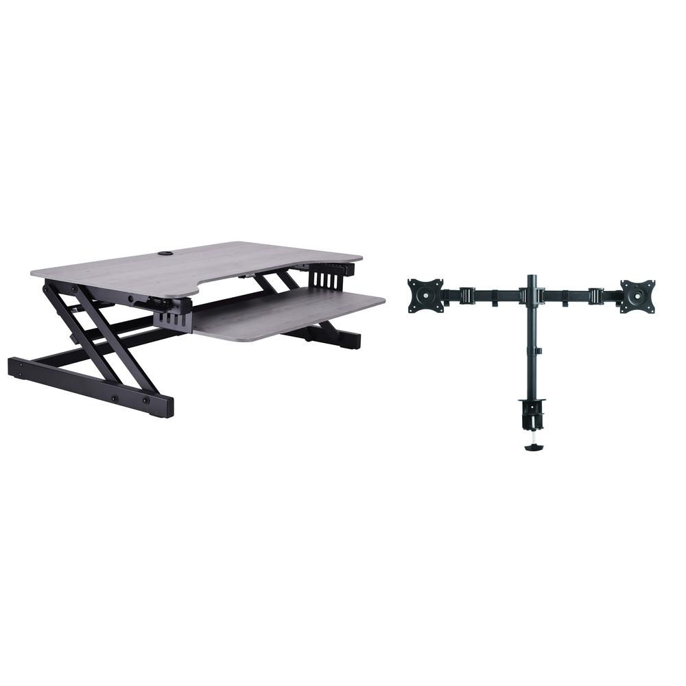 Rocelco 37.5" Deluxe Height Adjustable Standing Desk Converter with Dual Monitor Mount BUNDLE - Quick Sit Stand Up Computer Workstation Riser - Large Retractable Keyboard Tray - Gray (R DADRG-DM2). Picture 1