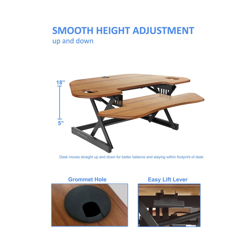 Rocelco 46" Large Height Adjustable Corner Standing Desk Converter - Quick Sit Stand Up Dual Monitor Riser - Gas Spring Assist Computer Workstation - Wide Keyboard Tray - Teak Wood Grain (R CADRT-46). Picture 2