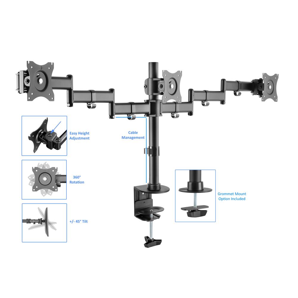 Rocelco Premium Triple Monitor Desk Mount - VESA pattern Fits 13" - 27" LED LCD Flat Computer Screen - Three Articulated Full Motion Adjustable Arms - Grommet and C Clamp - Black (R DM3). Picture 5