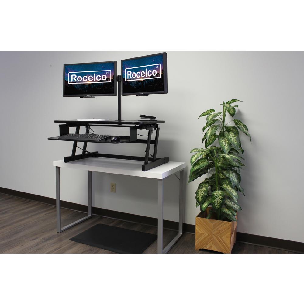 Rocelco 37.5" Deluxe Height Adjustable Standing Desk Converter with Dual Monitor Mount and Anti Fatigue Mat BUNDLE - Sit Stand Up Computer Workstation Riser - Keyboard Tray - Black (R DADRB-DM2-MAF). Picture 3