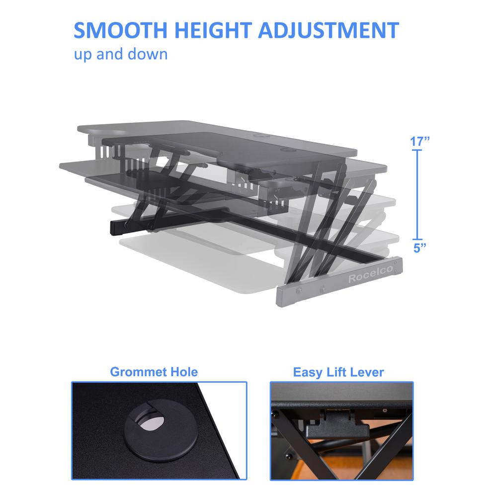 Rocelco 37.5" Deluxe Height Adjustable Standing Desk Converter with Dual Monitor Mount BUNDLE - Quick Sit Stand Up Computer Workstation Riser - Large Retractable Keyboard Tray - Black (R DADRB-DM2). Picture 4