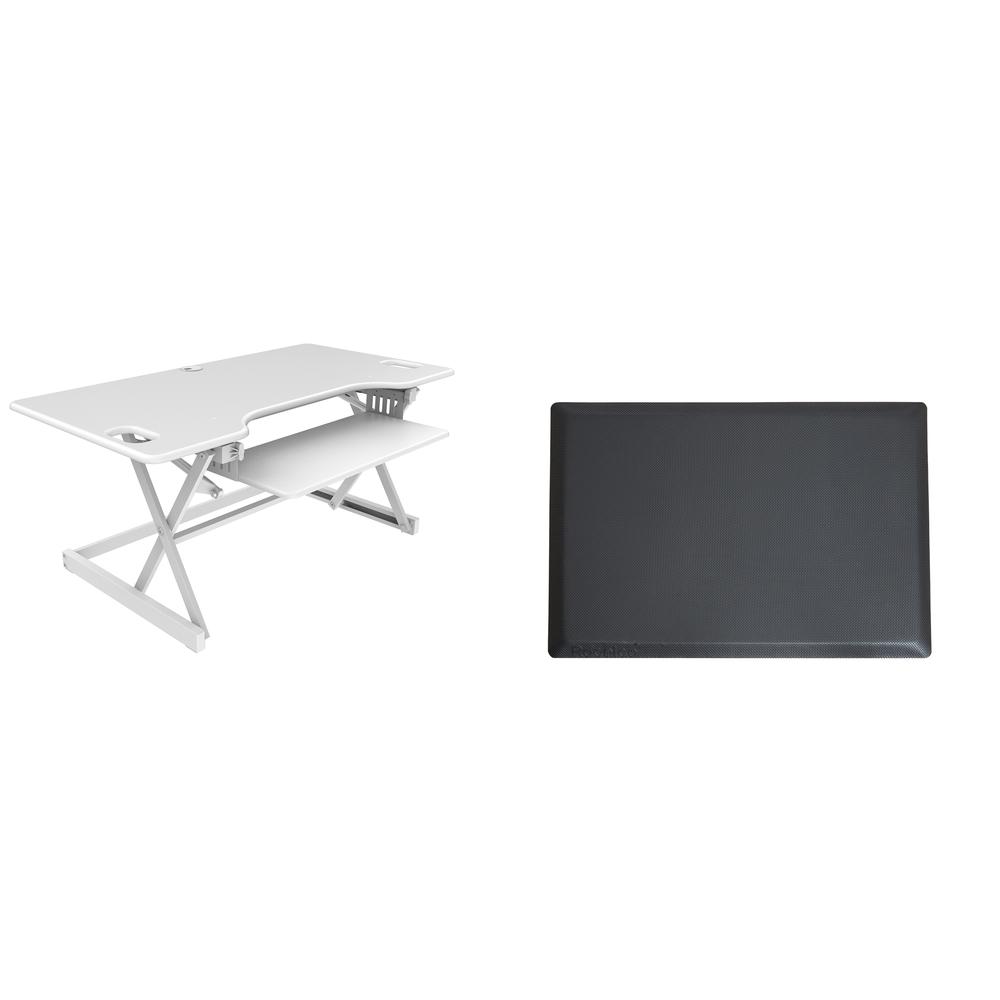 Rocelco 46" Large Height Adjustable Standing Desk Converter with Anti Fatigue Mat BUNDLE - Quick Sit Stand Up Triple Monitor Riser - Retractable Keyboard Tray - White (R DADRW-46-MAFM). Picture 1