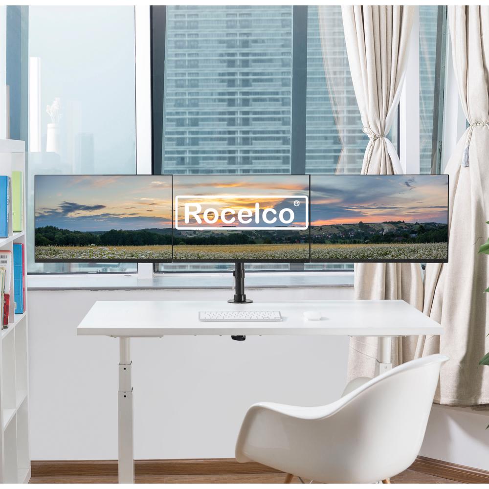 Rocelco Premium Triple Monitor Desk Mount - VESA pattern Fits 13" - 27" LED LCD Flat Computer Screen - Three Articulated Full Motion Adjustable Arms - Grommet and C Clamp - Black (R DM3). Picture 3