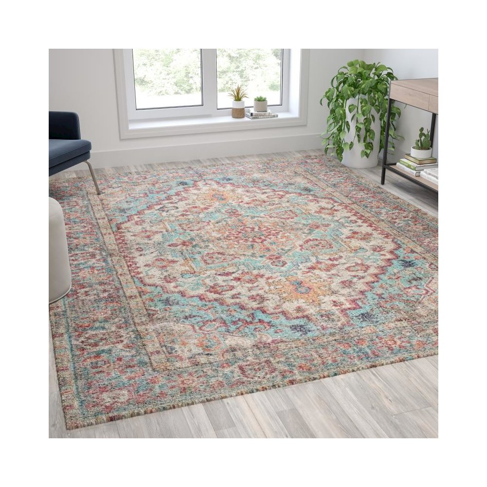 Distressed Vintage Medallion Area Rug - 8' x 10' - Blue Multi Polyester. Picture 2