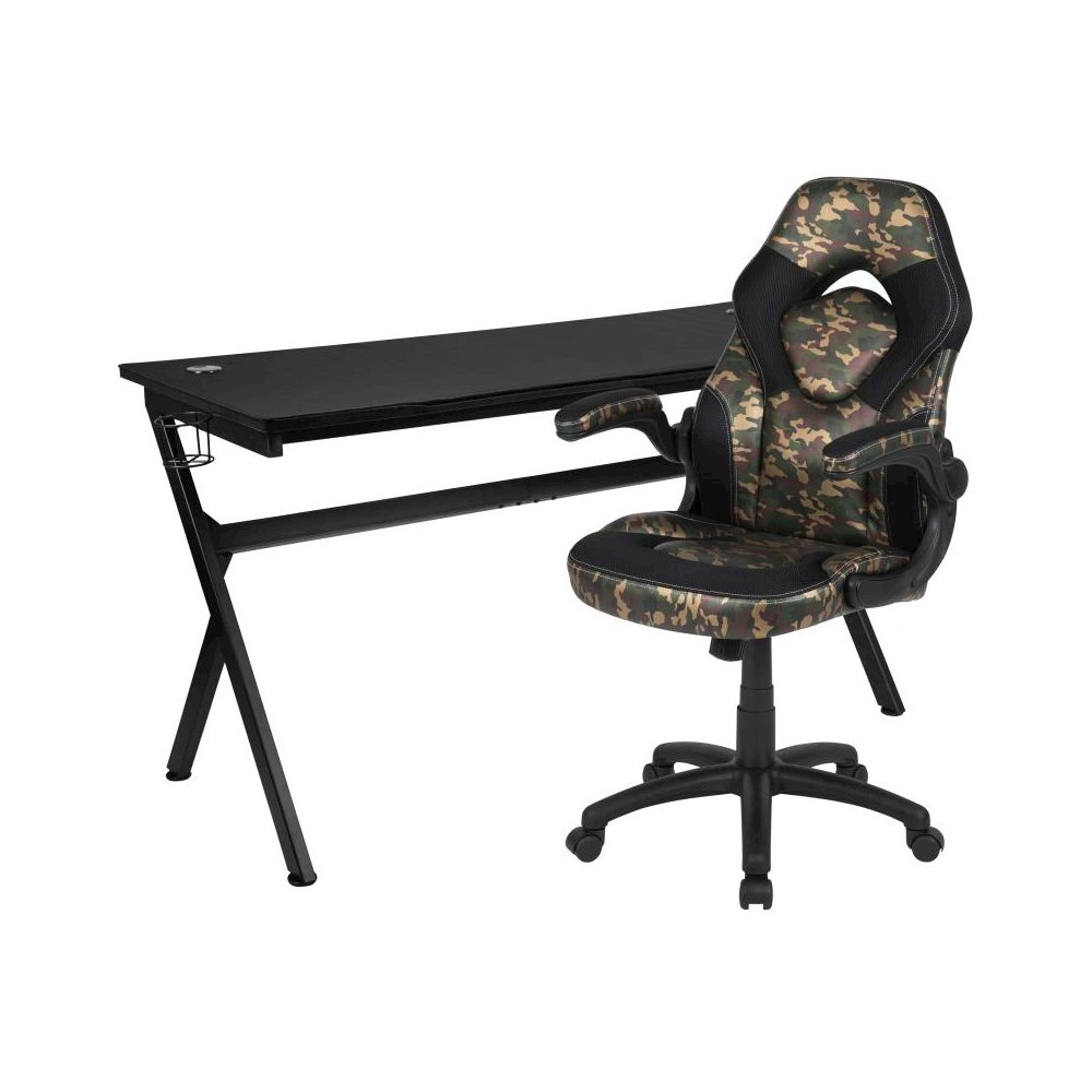 Gaming Desk and Camouflage/Black Racing Chair Set /Cup Holder/Headphone Hook/Removable Mouse Pad Top - 2 Wire Management Holes. Picture 1