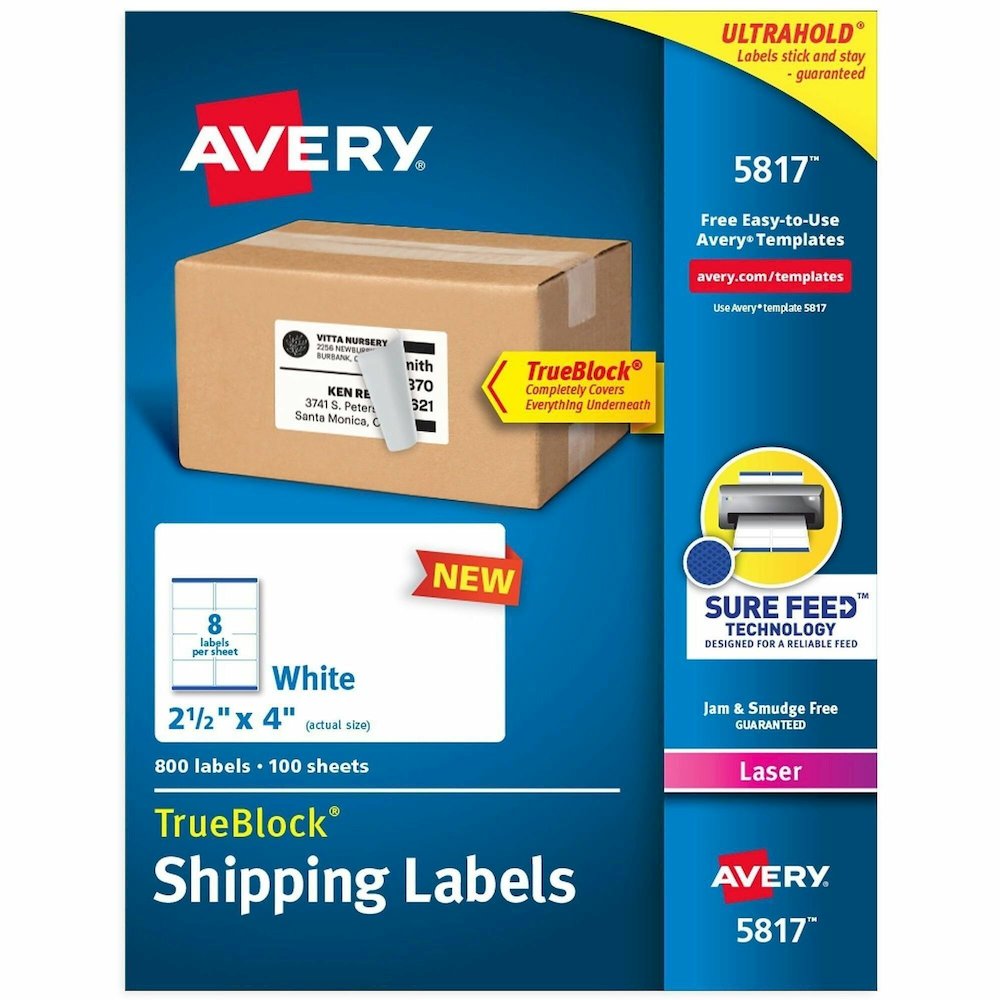 Avery&reg; Printable Shipping Labels, 2.5" x 4" , 800 Labels (5817) - x 2 1/2" Width x 4" Length - Permanent Adhesive - Rectangle - Laser - Matte - White - Paper - 8 / Sheet - 100 Total Sheets - 800 T. Picture 1