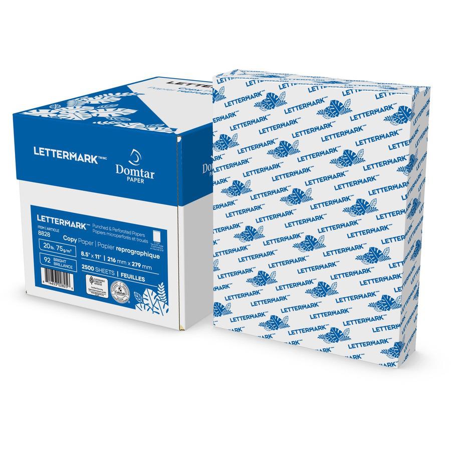Lettermark Punched & Perforated Papers with Perforations 3-1/2" from the Bottom - White - 92 Brightness - Letter - 8 1/2" x 11" - 20 lb Basis Weight - 75 g/m² Grammage - Smooth - 2500 / Carton - . Picture 3