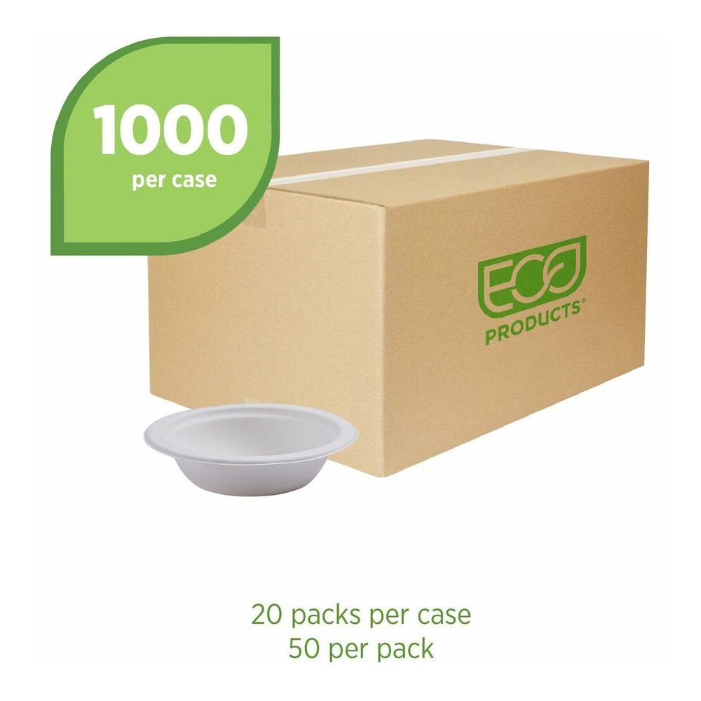 Eco-Products Vanguard 12 oz Sugarcane Bowls - Breakroom - Disposable - Microwave Safe - White - Sugarcane Fiber Body - 1000 / Carton. Picture 3