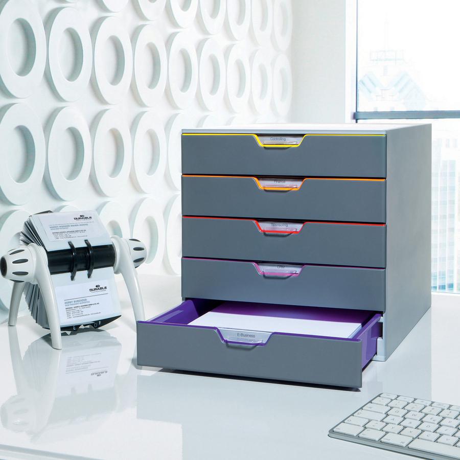 DURABLE&reg; VARICOLOR&reg; Desktop 5 Drawer Organizer - 11" W x 11-3/8" H x 14" D - 5 Drawers - Color Labeled Tabs - Charcoal. Picture 4