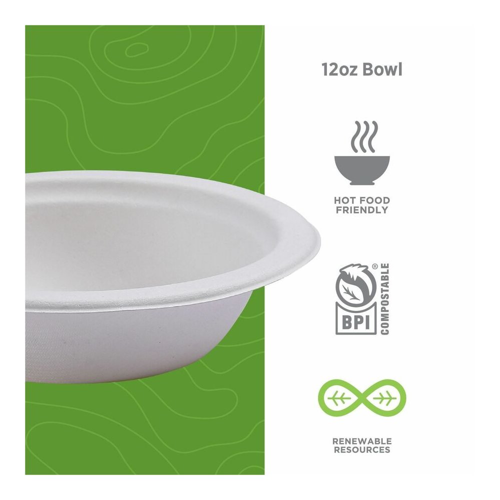 Eco-Products Vanguard 12 oz Sugarcane Bowls - Breakroom - Disposable - Microwave Safe - White - Sugarcane Fiber Body - 1000 / Carton. Picture 6