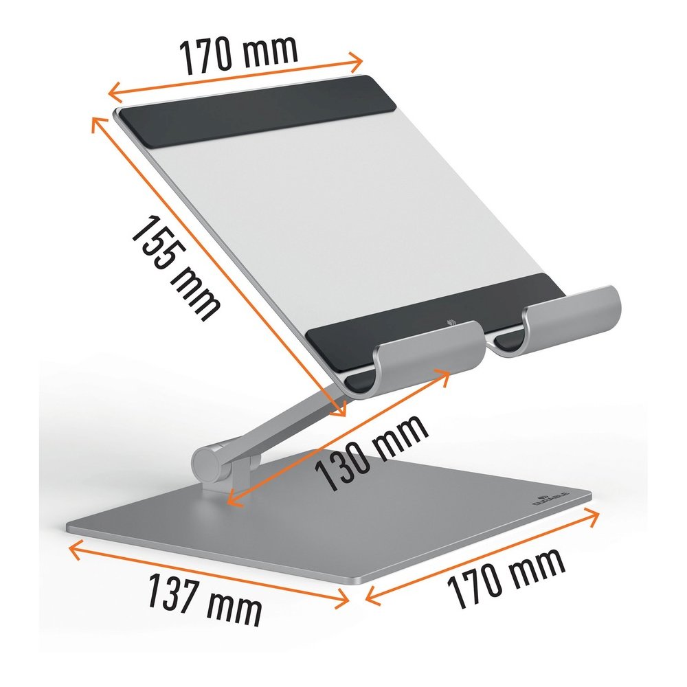 DURABLE Tablet Stand Rise - Up to 13" Screen Support - 2.20 lb Load Capacity - 8.07" Height x 6.69" Width x 5.39" Depth - Tabletop - Anodized Aluminium - Aluminum - Silver - For Smartphone, Tablet - F. Picture 7