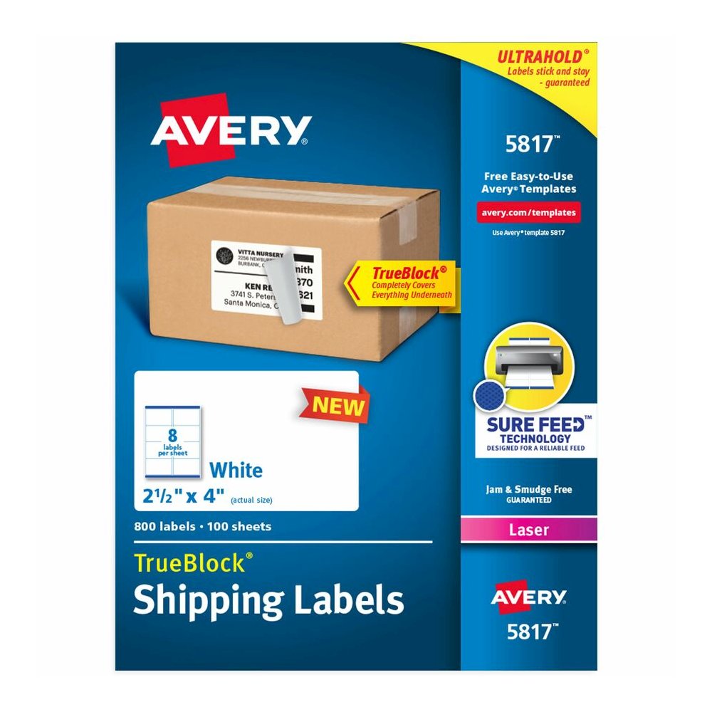 Avery&reg; Printable Shipping Labels, 2.5" x 4" , 800 Labels (5817) - x 2 1/2" Width x 4" Length - Permanent Adhesive - Rectangle - Laser - Matte - White - Paper - 8 / Sheet - 100 Total Sheets - 800 T. Picture 5