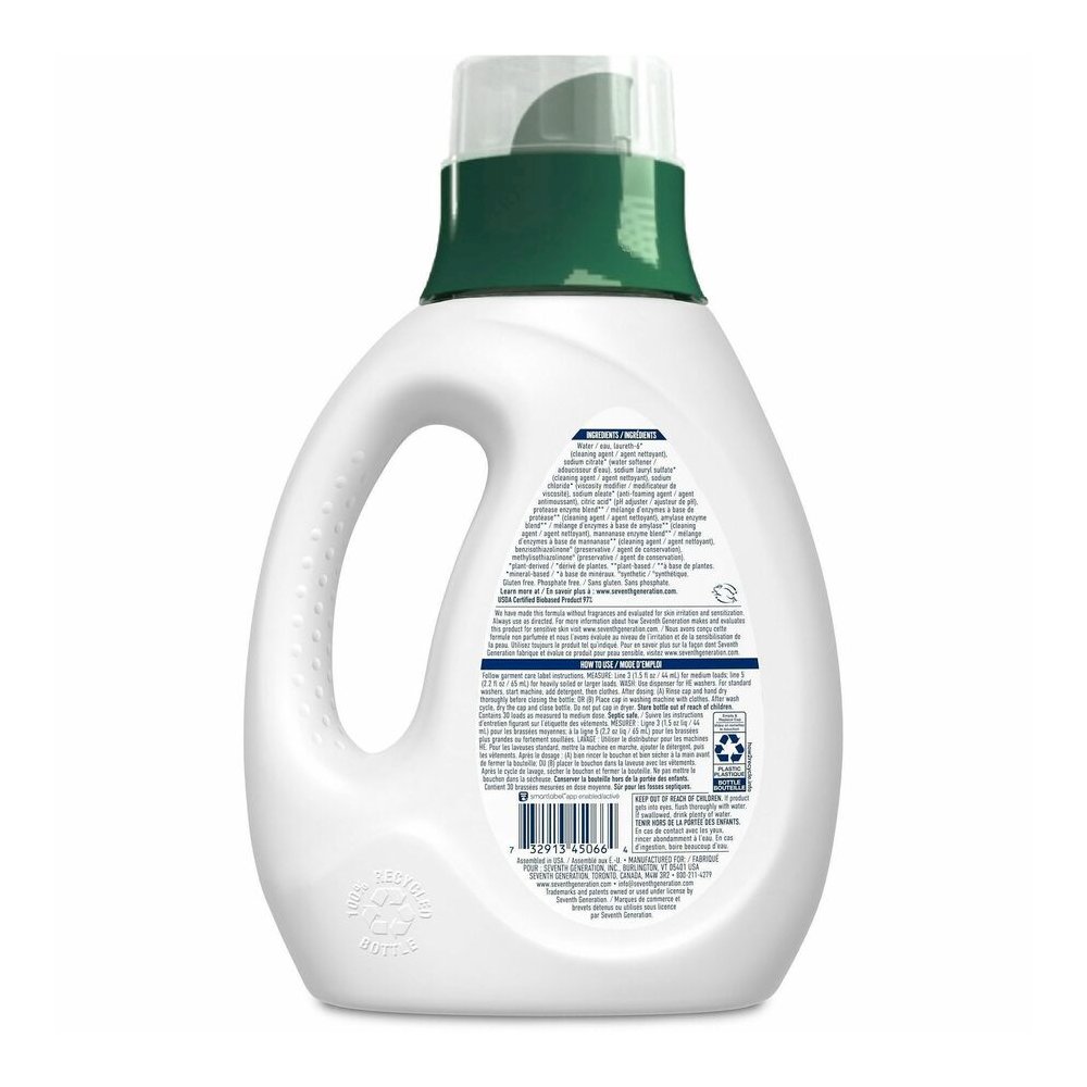 Seventh Generation Natural Laundry Detergent - 45 fl oz (1.4 quart) - Hypoallergenic, Non-irritating, Bio-based, Kosher - White, Green, Blue - 1 Each. Picture 4