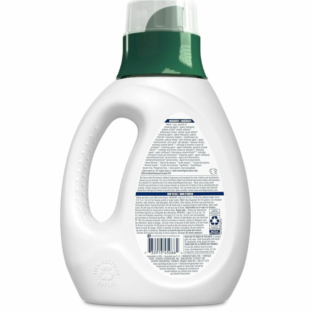 Seventh Generation Natural Laundry Detergent - 45 fl oz (1.4 quart) - Hypoallergenic, Non-irritating, Bio-based, Kosher - White, Green, Blue - 1 Each. Picture 5