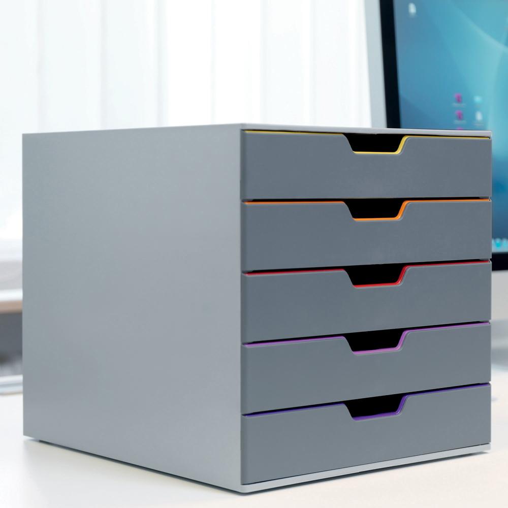 DURABLE&reg; VARICOLOR&reg; Desktop 5 Drawer Organizer - 11" W x 11-3/8" H x 14" D - 5 Drawers - Color Labeled Tabs - Charcoal. Picture 5